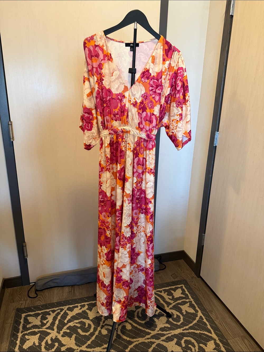 Ellos Floral V-Neck Maxi Dress in Vibrant Pink, Orange and Cream